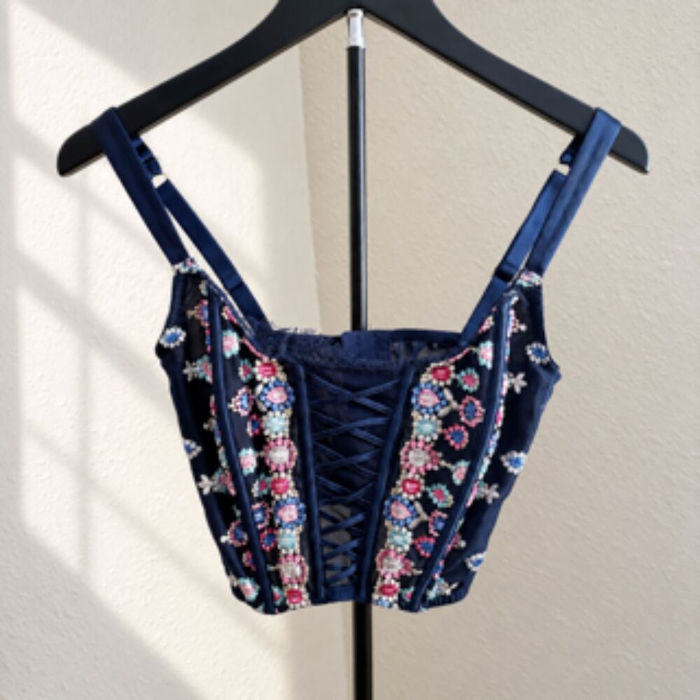 Victoria’s Secret Navy Floral Embroidered Corset Bustier S-DD